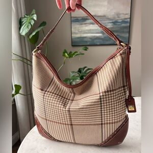 VTG Lauren Ralph Lauren hobo bag in houndstooth, plaid pattern leather trim.